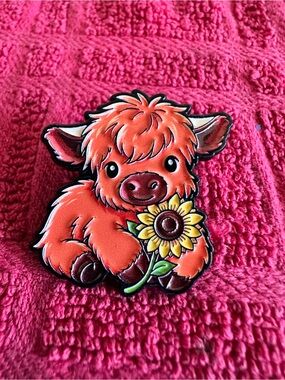 Pink Highland Calf Enamel Pin with Sunflower - Kids Accessories